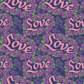 Seamless pattern with single word `love` and roses silhouettes.