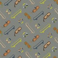 Seamless pattern with skateboard, headphones and sunglasses. Grey cool texture background. Wallpaper for teenager boys