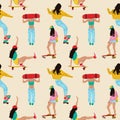 Seamless pattern with skateboarders set.