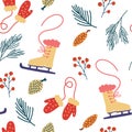 Seamless pattern with skates and mittens. Winter activities background. New year and Christmas items. Fir branches, cones and Royalty Free Stock Photo