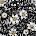 seamless pattern sketch of blooming flowers pollen charcoal, Generated AI