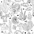 Seamless pattern with sketch of deepwater living organisms, fish and octopus. Black and white