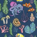 Seamless pattern with sketch of deepwater living organisms, fish and octopus