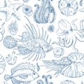 Seamless pattern with sketch of deepwater living organisms