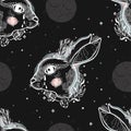 Seamless pattern sketch graphic illustration rabbit magic with mystic and occult hand drawn symbols