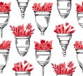 Seamless pattern with sketch menstrual cups with flat red flower in row on white background. Zero waste objects. Ecological health