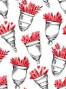 Seamless pattern with sketch menstrual cups with hatching and flat red flower on white background. Zero waste objects. Ecological