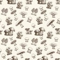 Seamless pattern with sketch mushrooms. Different hand drawn Mushrooms. Sketch food drawing isolated on white background