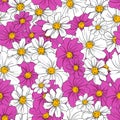 Seamless pattern sketch pink and white chamomile flowers design print blue background for textile and fabric ornament vector Royalty Free Stock Photo