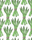 Seamless pattern with sketch style asparagus bunch. Vegetarian background elements. Appetizing colors