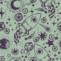 Seamless pattern with sketch style stars, rockets, comets and planets