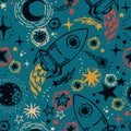 Seamless pattern with sketch style stars, rockets, comets and planets
