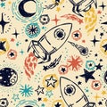 Seamless pattern with sketch style stars, rockets, comets and planets