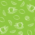 Sketch tea, tea leaves and a lemon lemon slice. green background. Hand drawing. Vector illustration. Seamless pattern Royalty Free Stock Photo