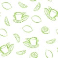sketch tea, tea leaves and a lemon, lemon slice. white background. Graphic style. Hand drawing. Vector illustration. Seamless Royalty Free Stock Photo