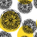 Seamless pattern with sketched lemon citrus fruits