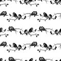 Seamless pattern of sketches of birds sitting on tree branches on winter day