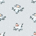 Seamless pattern of sketches bullfinches and titmouses on fir branches in winter forest