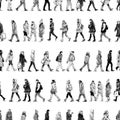Seamless pattern of sketches casual city pedestrians walking along street