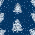 Seamless pattern of sketches christmas trees in snowfall