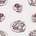 Seamless pattern of sketches coffee cup on saucer and different delicious cakes on plate Royalty Free Stock Photo