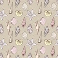 Seamless pattern of sketches different sea shells