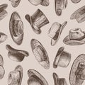 Seamless pattern of sketches of different vintage hats