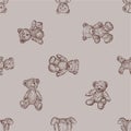 Seamless pattern of sketches different vintage teddy bears