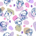 Seamless pattern with sketches of faces and abstract spots. Fashion portraits for fabric, print, clothing, wallpaper and