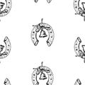Seamless pattern of sketches of horseshoes with handbells Royalty Free Stock Photo