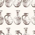 Seamless pattern of sketches old ceramic greek pitchers