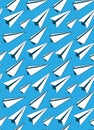 Seamless pattern of sketches of paper airplanes on blue background. Letters and mail. Transportation of correspondence by air.