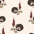 Seamless pattern of sketches ripe onion in basket and bundle red peppers