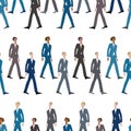 Seamless pattern of sketches striding young men in classic suits