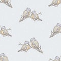 Seamless pattern of sketches titmouses on branches on snowy winter day Royalty Free Stock Photo