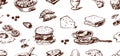 Seamless pattern of sketches various breakfast products, muffins, muesli, bread, egg, croissants, berries, cheese, scrambled eggs Royalty Free Stock Photo