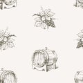 Seamless pattern of sketches wine cask and grape vine bunch