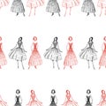 Seamless pattern of sketches of women in evening gowns