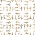 Seamless pattern of sketches wooden human mannequins