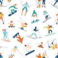 Seamless pattern with skiing and snowboarding people on white background. Backdrop with men, women and children Royalty Free Stock Photo