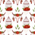 Seamless pattern with skull cow, poppies in cages.