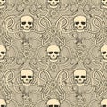 Seamless pattern with skull and flowers in art nouveau style, vector