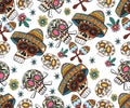 Seamless pattern with skull, flowers and ethnic elemens. Mexic Royalty Free Stock Photo