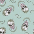 Seamless pattern. skull with makeup and green embroideries