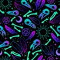 Seamless pattern with skulls and bird bones as well as magic symbols