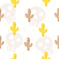 Seamless pattern with skulls and cartoon cactuses on white background. Ornament for textile and wrapping. Vector Royalty Free Stock Photo