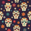 Seamless pattern with skulls and flowers on dark background. Day of the death. Vector illustration.