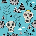 Seamless pattern with skulls and nature elements.