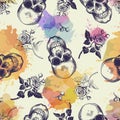 Seamless pattern with skulls and rose flowers drawn in engraving style and translucent colorful blots. Modern and trendy Royalty Free Stock Photo