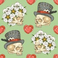Seamless Pattern with Skulsl and Hearts Royalty Free Stock Photo